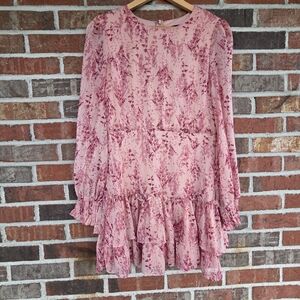 Aqua Floral Pink Ruffle Dress Gold Thread Accents Size Small